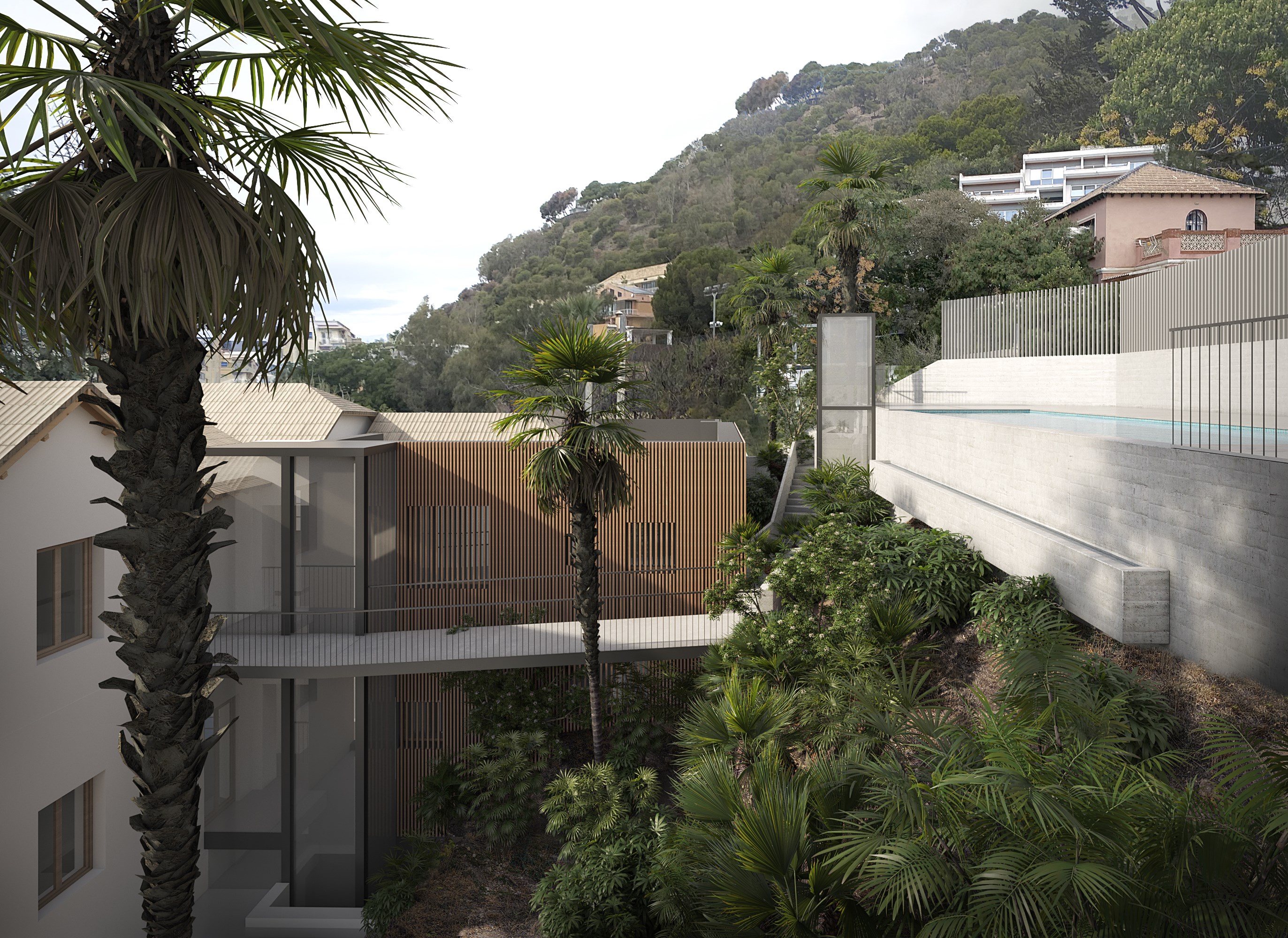 Vista aérea del conjunto con piscina y jardín mediterráneo